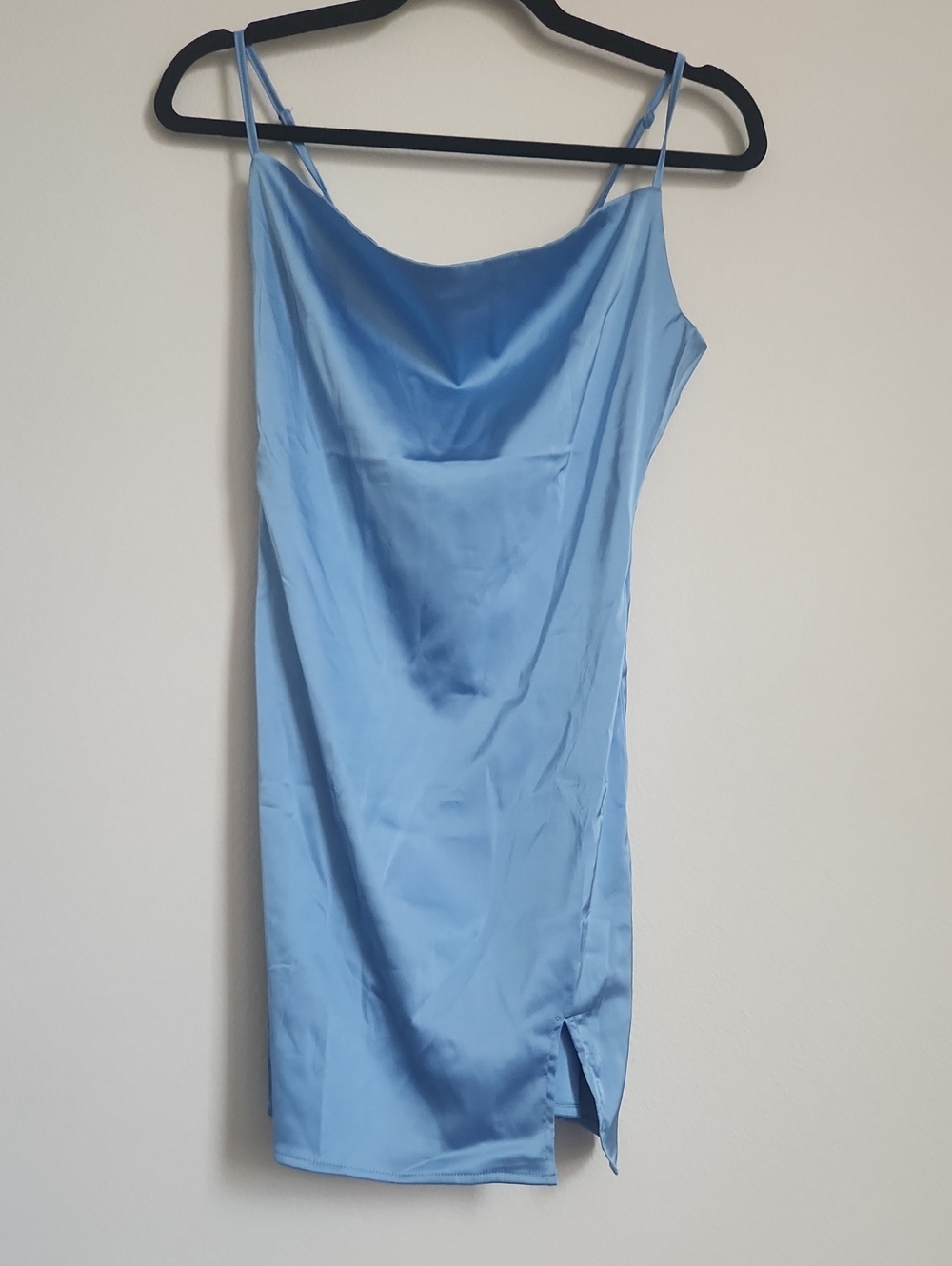 SHEIN Sky Blue Satin Cowl Neck Mini Dress
